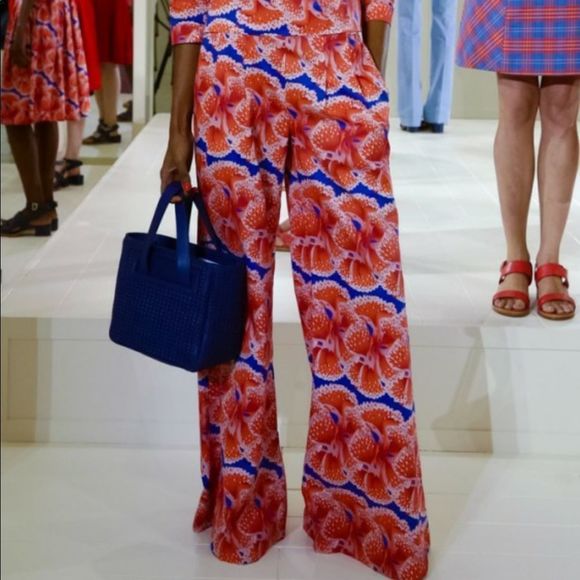 Zac Posen for Brooks Brothers red floral poppy wide leg sateen pants, 4 - Picture 1 of 11
